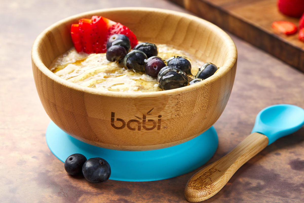 Bamboo Suction Bowl &amp; Matching Spoon Set (Blue)