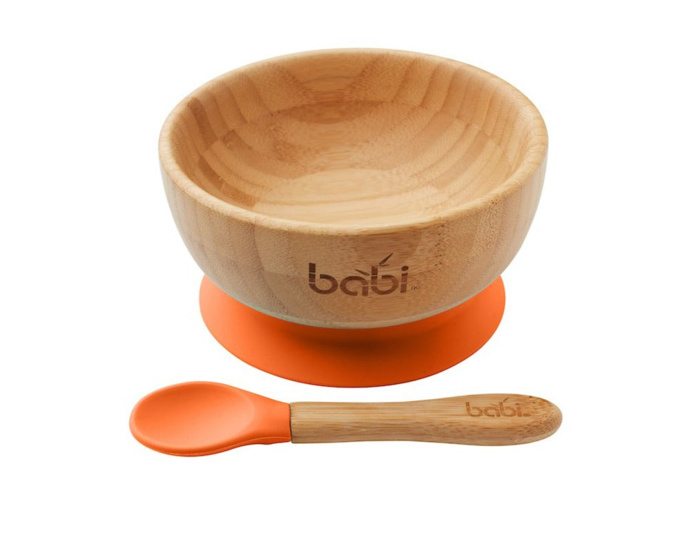 Bamboo Suction Bowl &amp; Matching Spoon Set (Orange)