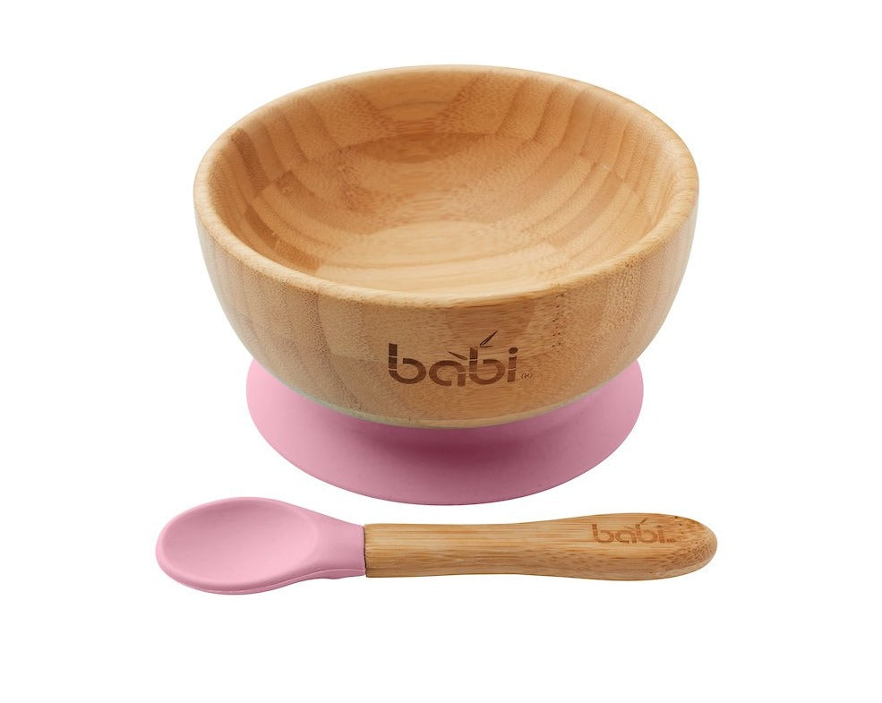 Bamboo Suction Bowl &amp; Matching Spoon Set (Pink)