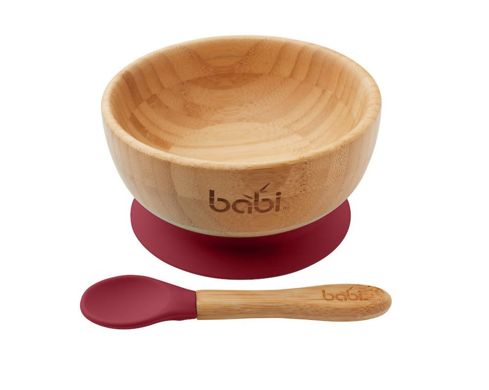 Bamboo Suction Bowl &amp; Matching Spoon Set (Cherry Red)