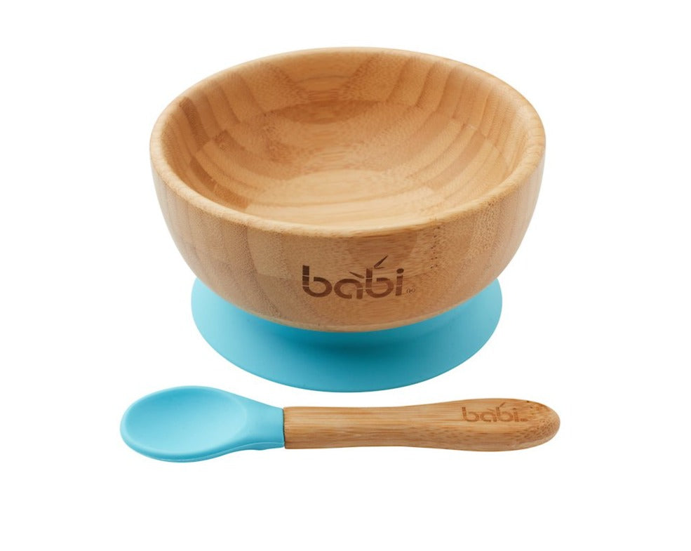 Bamboo Suction Bowl &amp; Matching Spoon Set (Blue)